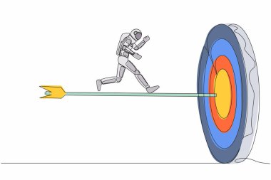 Genç astronotun çizdiği tek çizgi, büyük okla hedefin ortasına koşuyor. Başarılı uzay gemisi keşif hedefine ulaş. Kozmik galaksi uzayı. Aralıksız çizgi grafik tasarım vektörü çizimi