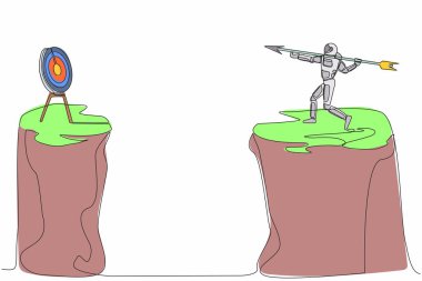 Sürekli bir çizgi halinde astronot uçurumun tepesinde duruyor ve büyük bir okla dart tahtasını hedef alıyor. Uzay adamı uzay keşfi yapmayı hedefliyor. Kozmonot uzayı. Tek çizgi çizimi tasarım vektör çizimi