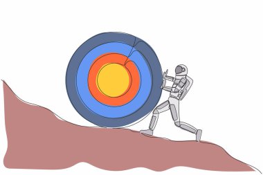 Tek sıra halinde astronot, büyük hedefi dağa doğru itiyor. Galaktik solucan deliği hedefine ulaşmak çok zor. Uzayın derinliklerinde kozmonot. Bir çizgi çizimi grafik tasarım vektör çizimi