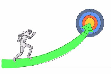 Tek bir çizgi astronotu hedefin merkezine doğru sürüklüyor. Uzay keşif vizyonu olan bir uzay gemisi şirketi. Kozmik galaksi uzayı. Aralıksız çizgi grafik tasarım vektörü çizimi