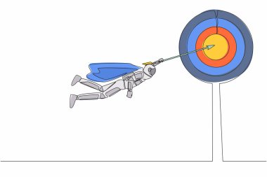 Tek sıra halinde uçan süper astronot uzay yolculuğu başarısı elde etmek için ileri doğru ok atıyor. Güç liderliği hırsı. Kozmik galaksi uzayı. Devamlı çizgi çizimi tasarım vektörü illüstrasyonu