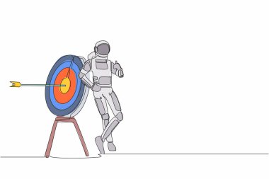 Sürekli olarak astronot çizen bir çizgi, parmaklarıyla hedefe dayanıyor. Başarılı bir yıldız gemisi seyahati ile mutlu. Kozmonot uzayı. Tek çizgi grafik tasarım vektör çizimi