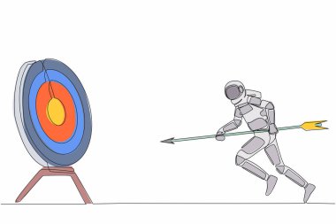 Hedefi vurmak için elinde ok tutan tek bir astronot çizgisi. Galaktik solucan deliği keşfini hedefleyin ve başarın. Uzayın derinliklerinde kozmonot. Bir çizgi çizimi tasarım vektörü illüstrasyonu