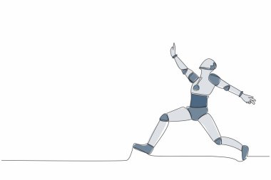 Bir çizgi çizerek iki bacağını ayıran ve bir elini kaldıran mutlu robot zıplaması. Gelecekteki yapay zeka. Modern teknoloji endüstrisi. Aralıksız çizgi grafik tasarım vektörü çizimi