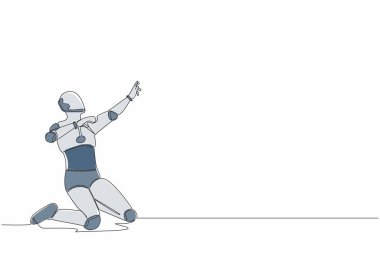 Devamlı bir çizgi çizerek mutlu bir robot diz çöküp gol pozunu kutluyor. Başarı projesi. İnsansı sibernetik organizma. Geleceğin robotu. Tek çizgi çizimi grafik tasarım vektörü çizimi