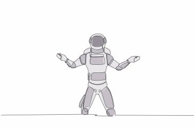 Astronot umutsuzluğunu gösteren tek bir satır acı çekiyor. Üzücü bir jest ifadesi. Uzay şirketinin iflası yüzünden depresyon. Kozmik galaksi uzayı. Aralıksız çizgi çizimi grafik tasarım vektörü çizimi