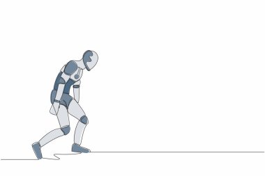 Tek sıra halinde üzgün robotlar eğiliyor. Yalnız hissetmek ve zihinsel baskı ya da stres hissetmek. Yapay zeka ve makine öğrenme süreci. Bir çizgi çizimi tasarım vektörü illüstrasyonu