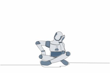 Kafasını destekleyen ve kafası karışmış bir robot çiziyor çünkü sorun çıkıyor. Robot yapay zeka. Teknoloji endüstrisi. Devamlı çizgi çizimi tasarım vektörü illüstrasyonu