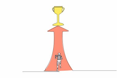 Tek sıra halinde koşan ve kupa için uzanan genç astronot. Uzay keşfi yarışını kazanma yeteneği. Kozmik galaksi uzayı. Aralıksız çizgi çizimi grafik tasarım vektörü çizimi