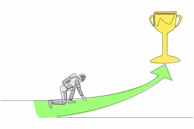 Genç astronotları çeken bir çizgi devam ediyor. Koşmaya ve kupayı almaya hazırlan. Uzay gemisi galaktik yolculuğunu planlıyorum. Kozmonot uzayı. Tek çizgi çizimi grafik tasarım vektörü çizimi