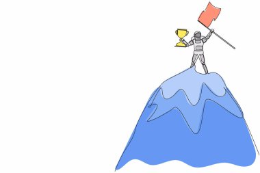 Tek sıra halinde astronot dağın tepesine bayrak ve kupa kaldırıyor. Uzay gemisi endüstrisinde kazan ve hedefe ulaş. Kozmik galaksi uzayı. Aralıksız çizgi çizimi grafik tasarım vektörü çizimi