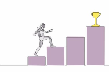 Genç astronotların kupa almak için grafik merdivenlerde koştuğu tek sıra çizimi. Uzay gemisi keşiflerinde hedefe ulaşmanın yolu. Uzayın derinliklerinde kozmonot. Bir çizgi grafik tasarım vektör çizimi