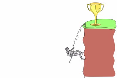 Astronot dağcılarının kupa kazanmak için kayalık kayalıkların tepesinde asılı durduğu bir çizgi. Uzay gezisinde mücadele edin. Kozmonot uzayı. Tek çizgi grafik tasarım vektör çizimi