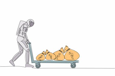 Astronotlar ay yüzeyinde para çantaları taşıyan el arabalarını çekiyorlar. Uzay keşiflerinden sonra ödül ya da kâr. Kozmonot uzayı. Tek çizgi grafik tasarım vektör çizimi