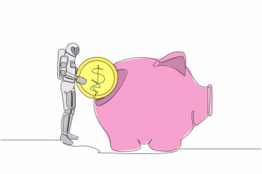 Genç astronot çizdiği tek sıra kumbaraya bir dolar koydu. Yıldızlararası uzay keşfi için yatırım planı. Kozmik galaksi uzayı. Aralıksız çizgi çizimi grafik tasarım vektörü çizimi