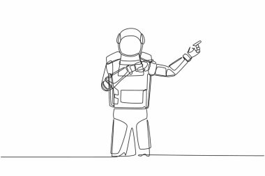 Tek sıra halinde genç astronotlar el ele tutuşuyor ve Ay yüzeyinde bir şey gösteriyor ya da sunuyor. Kozmik galaksi uzayı. Aralıksız çizgi çizimi grafik tasarım vektörü çizimi