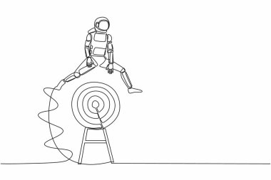 Tek sıra halinde, genç astronotlar büyük okçuluk hedefine atlıyor. Uzay gemisi keşiflerinde başarı ve hedefler. Uzayın derinliklerinde kozmonot. Bir çizgi grafik tasarım vektör çizimi