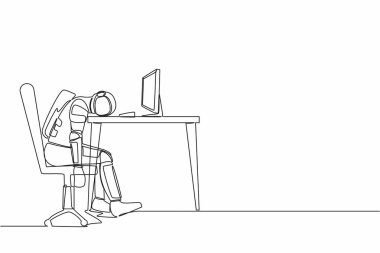 Sürekli bir çizgi halinde, kafası masanın üzerinde oturan bitkin düşmüş genç astronotları çekiyor. Uzay keşiflerinden sonra yorgun bir uzay adamı. Kozmonot uzayı. Tek çizgi çizimi grafik tasarım vektörü çizimi