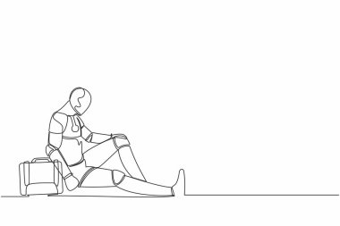 Sürekli yerde umutsuzca oturan çantalı depresif robotu çiziyor. Üzücü bir jest ifadesi. İnsansı sibernetik organizma. Geleceğin robotu. Tek çizgi tasarım vektör çizimi