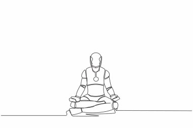 Yoga pozu ve meditasyonla mutlu robot çizen tek satır. Rahat robotik operasyon. Yapay zeka. Teknoloji endüstrisi. Aralıksız çizgi çizimi grafik tasarım vektörü çizimi
