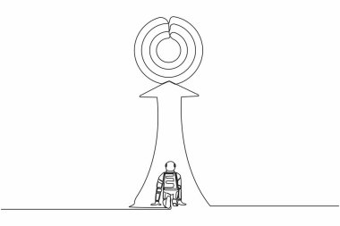 Arka görüş astronotunu rotanın sonundaki büyük hedef tahtasına çekmeye hazır hale getiren bir hat devam ediyor. Geleceğin uzay teknolojisi. Kozmonot uzayı. Tek çizgi grafik tasarım vektör çizimi