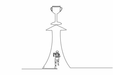 Tek sıra halinde koşan ve kupa için uzanan genç astronot. Uzay keşfi yarışını kazanma yeteneği. Kozmik galaksi uzayı. Aralıksız çizgi çizimi grafik tasarım vektörü çizimi