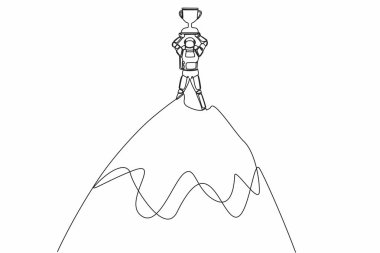 Tek sıra halinde astronot yüksekteki dağın tepesinde kupa kaldırıyor. Uzay solucan deliği araştırmalarında başarı ve hedefe ulaşma. Kozmik galaksi uzayı. Devamlı çizgi çizimi tasarım vektörü illüstrasyonu