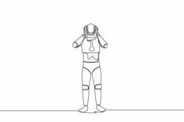 Sürekli çizilen tek çizgi baş ağrısı olan, elleri başının üstünde olan, migren, sağlık sorunları olan, acı çeken bir robot çiziyor. Yapay zeka makinesi öğrenmesi. Bir çizgi çizimi tasarım vektörü illüstrasyonu