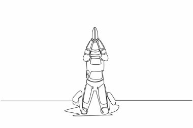 Tek sıra halinde genç astronotlar diz çöküp ay yüzeyinde dua ediyorlar. Uzay gemisi roketinin fırlatılmasında başarılı olmayı umuyoruz. Kozmik galaksi uzayı. Aralıksız çizgi çizimi grafik tasarım vektörü çizimi