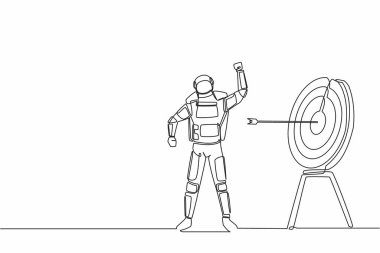 Hedef tahtanın önüne yumruğunu sallayarak astronot çizmeye devam et. Karmaşık solucan deliği keşfinde başarılı. Kozmonot uzayı. Tek çizgi grafik tasarım vektör çizimi
