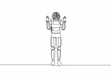 Kafası yerine yuvarlak karalamalar çizen astronot çizimleri devam ediyor. Şok olmuş, korkmuş, korkmuş, korku ifadesi. Kozmonot uzayı. Tek çizgi grafik tasarım vektör çizimi