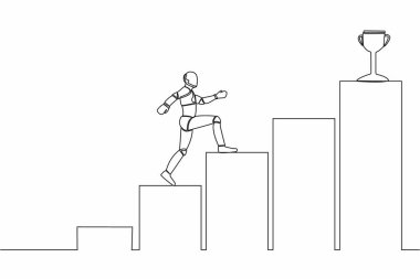Grafik merdivenlerinde yürüyen robotun kupa almak için sürekli çizdiği tek çizgi. Hedefe ulaşmanın yolu. Robot yapay zeka. Teknoloji endüstrisi. Bir çizgi grafik tasarım vektör çizimi