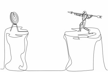 Sürekli bir çizgi halinde astronot uçurumun tepesinde duruyor ve büyük bir okla dart tahtasını hedef alıyor. Uzay adamı uzay keşfi yapmayı hedefliyor. Kozmonot uzayı. Tek çizgi çizimi tasarım vektör çizimi