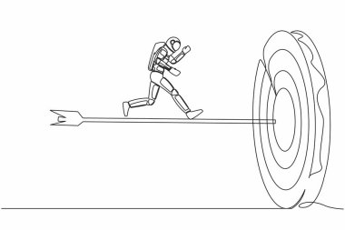 Genç astronotun çizdiği tek çizgi, büyük okla hedefin ortasına koşuyor. Başarılı uzay gemisi keşif hedefine ulaş. Kozmik galaksi uzayı. Aralıksız çizgi grafik tasarım vektörü çizimi