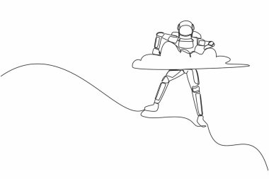 Genç astronotların bulutlarda asılı durduğu tek sıra. Başarılı bir uzay gemisi keşfi ya da keşif projesi umuduyla. Uzayın derinliklerinde kozmonot. Bir çizgi çizimi grafik tasarım vektör çizimi