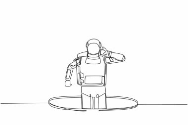 Kafası karışmış genç astronotları çizen tek bir çizgi delikten çıkar. Depresif ve uzay gemisi iş başarısızlığı konsepti. Kozmik galaksi uzayı. Aralıksız çizgi çizimi grafik tasarım vektörü çizimi