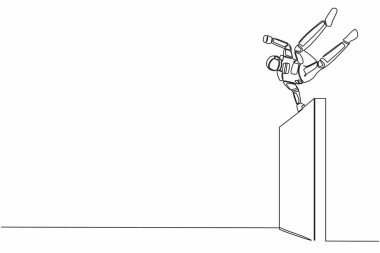 Tek sıra halinde genç astronotlar duvardan atlıyor Ay yüzeyindeki güvenli bölgeden kaçıyorlar. Geleceğin teknoloji gelişimi. Uzayın derinliklerinde kozmonot. Bir çizgi çizimi grafik tasarım vektör çizimi