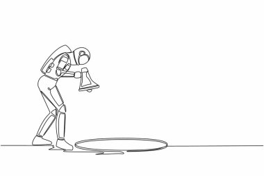 Genç astronotların çizdiği tek çizgi megafonla çukur deliğine doğru çığlık atıyor. Uzay adamı merak ediyor ve büyük bir deliğe bakıyor. Kozmik galaksi uzayı. Aralıksız çizgi çizimi grafik tasarım vektörü çizimi