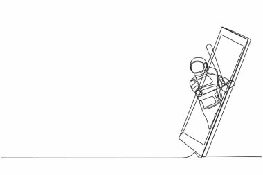 Sürekli bir çizgi halinde astronot beyzbol oyuncusu akıllı telefon ekranından çıkarken topa vurmaya hazır. Mobil spor müsabakaları. Kozmonot uzayı. Tek çizgi tasarım vektör çizimi