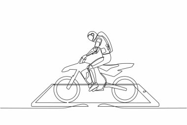 Genç astronot motokros sürücüsünün akıllı telefon ekranında motokros bisikleti sürüşünün tek bir çizimi. Serbest stil motokros ekstrem spor. Kozmik galaksi uzayı. Devamlı çizgi tasarımı vektör çizimi