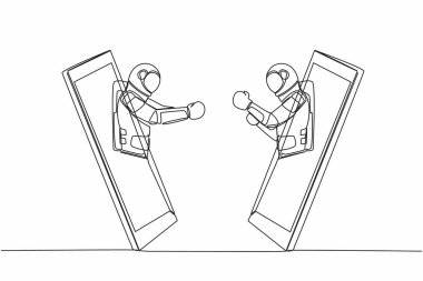 Tek sıra halinde, genç astronot boksörleri savaşa hazır bir şekilde akıllı telefondan çıkartıyor. Rekabetçi spor, tek dövüş. Uzayın derinliklerinde kozmonot. Bir çizgi çizimi grafik tasarım vektör çizimi