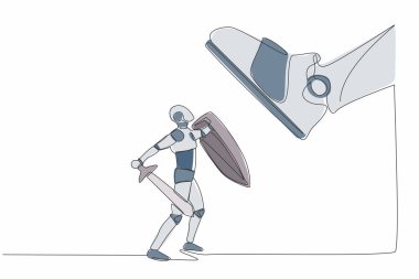 Tek sıra robot dövüşü kalkanla ve kılıçla dev ayağa. Robot, patrona karşı büyük ayakkabı tekmesi. Geleceğin teknoloji gelişimi. Aralıksız çizgi çizimi tasarım grafik vektör çizimi