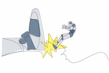 Koca ayak tarafından kovulan tek bir çizgili robot. İflas, iflaslar. Robot işsiz kalıyor. Modern robot yapay zekası. Bir çizgi çizimi grafik tasarım vektör çizimi