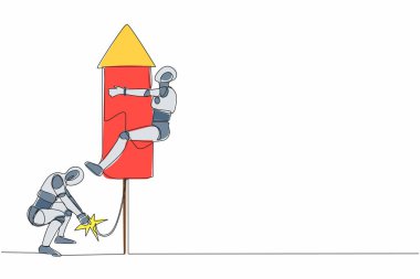 Takım arkadaşları roketin üzerinde uçmaya hazırlanırken tek bir çizgili robot havai fişek roketini ateşliyor. Modern robot yapay zekası. Aralıksız çizgi çizimi tasarım grafik vektör çizimi