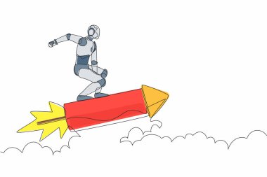 Rokete binip havada uçan bir robot çiziyor. İnsansı robot sibernetik organizma. Geleceğin robotik gelişimi. Devamlı çizgi tasarımı grafik vektör illüstrasyonu