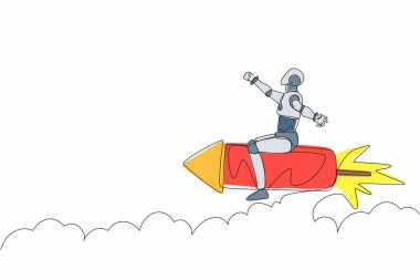 Tek sıra halinde uçan bir robot havai fişek fırlatıyor. Geleceğin teknoloji gelişimi. Yapay zeka makinesi öğrenme süreci. Devamlı çizgi tasarımı grafik vektör illüstrasyonu