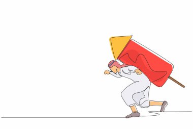 Sırtında roketle Arap işadamını çeken tek sıra iş yarışı için hazırdır. Çalışanlar havai fişekleri ateşlemeye hazır olun. Bir çizgi tasarımı vektör illüstrasyonu