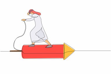 Tek bir çizgi Arap işadamını havai fişek roketinin üzerine çekip kariyerini ilerletmek için ateşliyor. Motivasyon ve başarı için liderlik. Devamlı çizgi çizimi tasarım vektörü illüstrasyonu