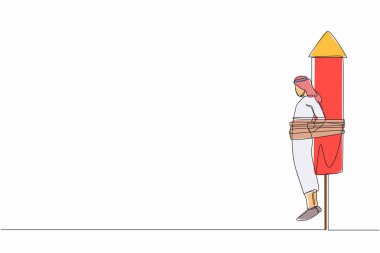 Arap işadamının rokete bağlandığı tek sıra, endişeli ve korkmuş hissediyor. Ekonomik felaket korkusu. İş başarısızlığı. Devamlı çizgi tasarımı grafik vektör illüstrasyonu