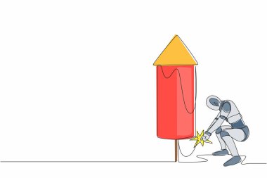 Tek sıra halinde robot havai fişek fırlatıyor. Teknoloji sektörünü büyütmek, yatırım kazancını arttırmak. Yapay zeka makinesi öğrenmesi. Devamlı çizgi çizimi tasarım vektörü illüstrasyonu